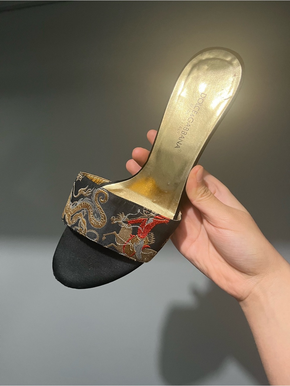 Dolce & Gabbana Black and Gold Embroidered Slide Mule with Red Accents